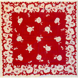 Vintage Flower Tablecloth Morning Glories Hibiscus Floral 1950s MCM 48 x 48 READ